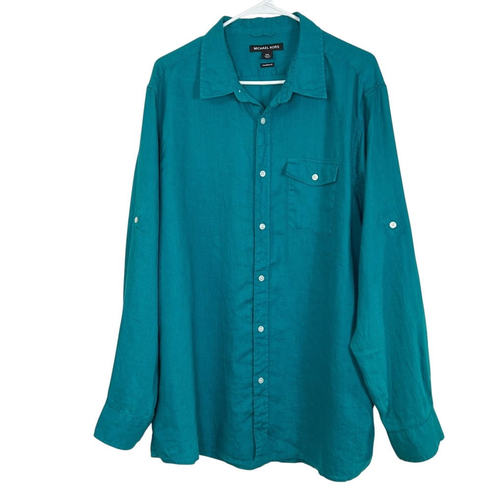 Michael Kors 100% Linen Shirt Roll Tab Long Sleeve Tailored Fit Size XXL Aqua‎